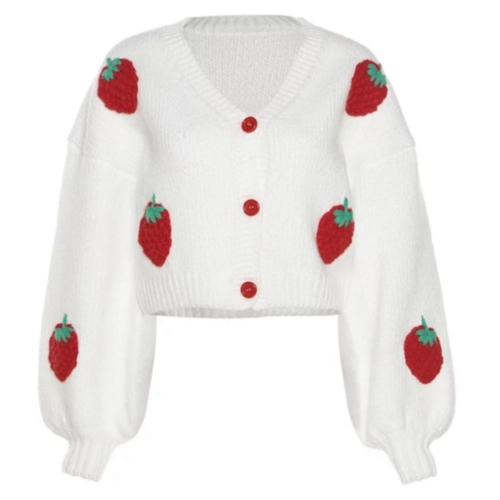16-trendy y2k red and white Strawberry Sweater  cardigan boho chic fruit print - Picture 7 of 10